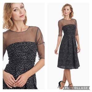 JS Collections Gisselle Black/Silver Fit & Flare Tulle Knee Length Dress SZ 8